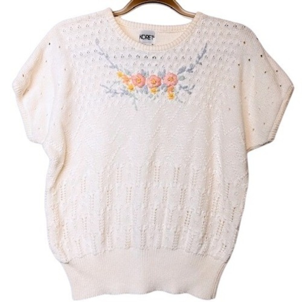 Koret Vintage Womens Large Cream Cotton Knit Floral Embroidered Sweater  Cottage